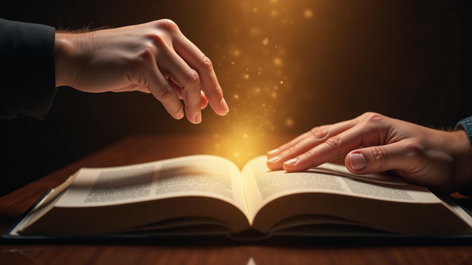 Hands over an open Bible filled with light
